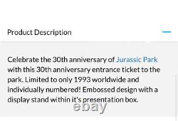Jurassic Park 30th Anniversary Limited Edition Ticket Antique Le 1993 New